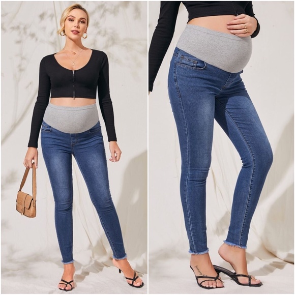Denim - MATERNITY wide waist frayed hem skinny jeans